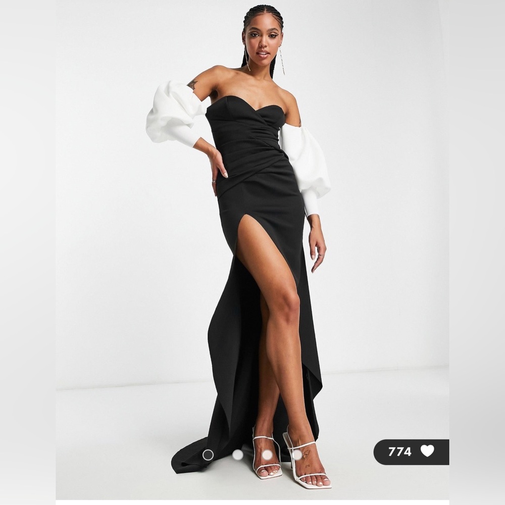ASOS puff sleeve prom dress - black and white gown with slit and train! Size 4
